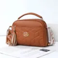 Brown quilted crossbody shoulder bag for women, stylish PU leather handbag with wide strap. - Yellow Brown