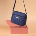 Blue quilted women crossbody bag, stylish single shoulder handbag with elegant bow detail. - Dark Blue