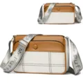 Women crossbody shoulder bag brown white colorblock PU leather stylish casual handbag daily use - White