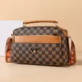 Stylish women's brown checkered crossbody bag with top handle and multi-compartment design. - Lattice Floral