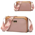 Women stylish crossbody bag with textured faux leather, brown trim and wide logo strap. - Antler Purple