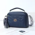 Fashion dark blue quilted crossbody bag with top handle, tassel charm and stylish strap. - Dark Blue