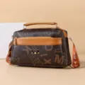 Stylish brown monogram crossbody bag with top handle, multi-compartment casual shoulder bag. - Letter Print