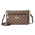 Brown checkered multi-layer crossbody bag for women with adjustable strap and metal hardware. - Brand Plaid