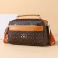 Women brown monogram crossbody bag with top handle, multi-compartment casual shoulder bag. - Small Letter