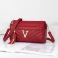 Red quilted crossbody pillow bag for women, stylish V-logo shoulder bag with tassel. - Jujube Red