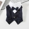 Pet Dog Cat Suit Clothes Striped Vest with Bowtie Formal Apparel Size Chart XS-XXL - XS / Navy Blue