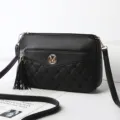 Classic black quilted women shoulder crossbody bag with elegant tassel and metal logo. - Black - Heart Embroidered Bag