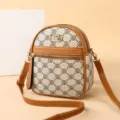 Women vertical crossbody phone bag, stylish monogram pattern with brown leather trim daily. - White Letters