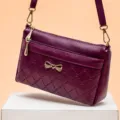 Purple leather shoulder bag with chic bow detail, stylish women crossbody bag for daily commute. - Purple