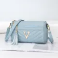 Light blue quilted crossbody bag women fashion pillow shoulder bag with metal V logo - Blue