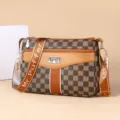Brown plaid crossbody bag for women, multi-pocket PU leather shoulder bag with wide strap. - Lattice Floral