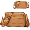 Brown leather crossbody shoulder bag for women with wide branded strap stylish daily use - Earthy Yellow