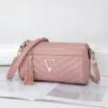 Women Quilted Crossbody Bag Fashion Pillow Shoulder Bag with Metal V Buckle and Tassel - Pink