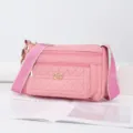 Pink canvas crossbody bag, casual multi-pocket shoulder bag with wide strap. - Pink