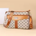 Women vintage printed crossbody shoulder bag with multi-pocket design and wide strap. - White Letters