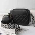 Black quilted crossbody bag for women with round coin purse, tassel and wide strap. - Black