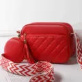 Red quilted crossbody bag with coin purse, tassel and wide strap for women summer fashion. - Jujube Red