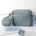 Light blue quilted crossbody bag with coin purse tassel wide strap casual summer shoulder bag - Blue