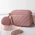 Pink quilted crossbody bag set with round coin pouch, tassel and wide woven strap. - Pink