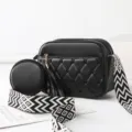 Fashion quilted crossbody bag with round coin purse and geometric strap for women. - Black
