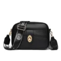 Black PU leather women crossbody bag with wide strap, trendy chic shoulder bag for daily use. - Black