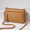 Women brown crossbody shoulder bag multi zipper stylish casual handbag with tassel decor. - Earthy Yellow