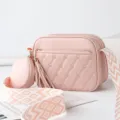 Pink quilted crossbody bag with coin purse, heart embroidery, wide shoulder strap. - Rose Pink