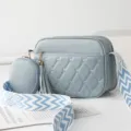 Blue Quilted Crossbody Shoulder Bag with Small Round Pouch and Wide Patterned Strap - Blue