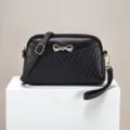 Black mini shoulder bag with gold bow, stylish PU leather crossbody bag and cute handbag. - Black