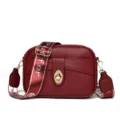 Wine red PU leather women crossbody bag with wide strap, fashionable casual shoulder bag for daily. - Jujube Red