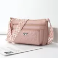 Fashion Pink Quilted Multi-Pocket Crossbody Shoulder Bag with Wide Geometric Strap - Oak Red