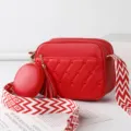 Red quilted crossbody bag for women with round coin pouch, tassel and wide strap stylish. - Jujube Red