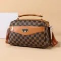 Retro brown checkered shoulder bag with top handle and stylish strap for women daily use. - Lattice Floral