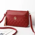 Red leather shoulder bag, quilted heart pattern crossbody handbag with tassel and metal M logo. - Wine Red - Heart Embroidered Bag