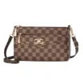Retro brown checkered women crossbody bag stylish monogram shoulder bag with gold hardware. - Lattice Floral