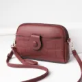 Burgundy mini crossbody bag for women, faux leather phone bag with double zippers and flap. - Jujube Red