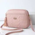 Pink quilted crossbody shoulder bag with tassel charm and elegant design for women daily use. - Oak Red