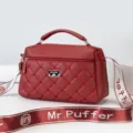 Women's Red Quilted Crossbody Bag, Heart Embroidery, Shoulder Bag with Letter Strap. - Jujube Red