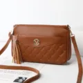 Brown quilted leather crossbody bag with tassel and metal M logo, stylish commuter daily handbag. - Yellow Brown - Heart Embroidered Bag