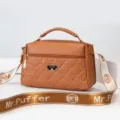 Brown quilted shoulder bag for women, stylish top handle commuter bag with wide strap. - Yellow Brown