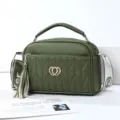 Dark green chic top handle crossbody shoulder bag with quilted chevron pattern and cute tassel. - Army Green - Double Heart