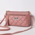 Rosa PU Leder Damen Umhaengetasche stilvolle kleine Schultertasche mit Reissverschluss Quaste - Eichenrot