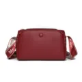 Red leather crossbody bag for women, casual shoulder bag with wide printed strap. - Jujube Red