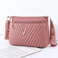 Stylish women shoulder bag with V metal logo, chevron quilted PU leather crossbody bag. - Oak Red