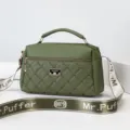 Green quilted women crossbody bag with top handle, chic leather shoulder handbag for daily commute. - Army Green