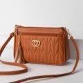 Brown multi-zipper crossbody bag for women, stylish small shoulder bag with tassel and heart. - Yellow Brown