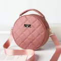 Pink round quilted crossbody bag for women with top handle and adjustable strap, stylish design. - Pink
