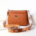 Brown quilted crossbody bag with wide canvas strap, stylish underarm shoulder bag for women. - Yellow Brown