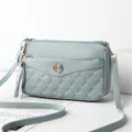 Light blue quilted crossbody shoulder bag for women, stylish casual multi-pocket design. - Castle Blue - Heart Embroidered Bag